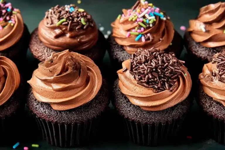 Delicious chocolate chocolate vegan cupcakes on a party table
