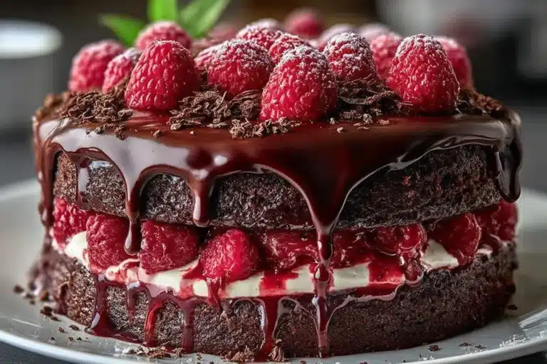 Delicious Chocolate Raspberry Cake with rich chocolate layers and fresh raspberries