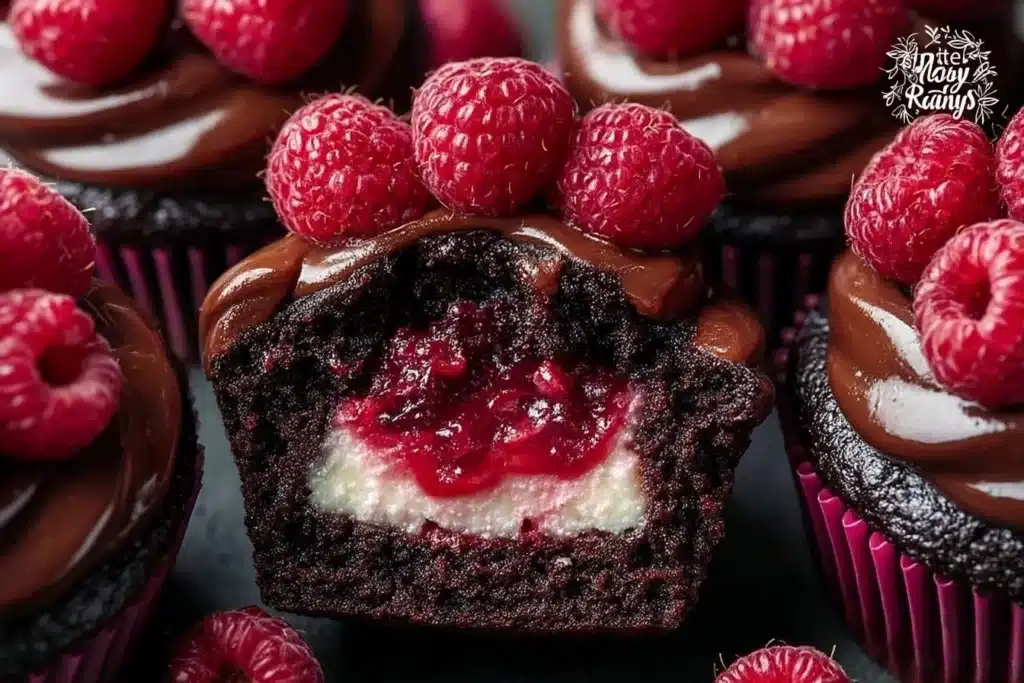 Chocolate raspberry filled cupcakes topped with frosting and fresh raspberries