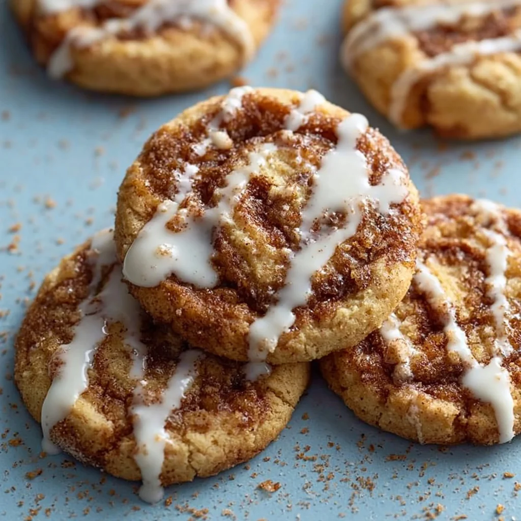 Delicious Cinnamon Roll Cookies drizzled with icing on a wooden table