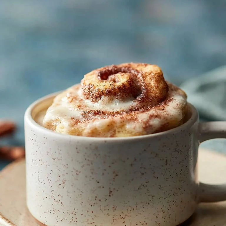 Delicious cinnamon roll in a mug topped with icing ready to enjoy