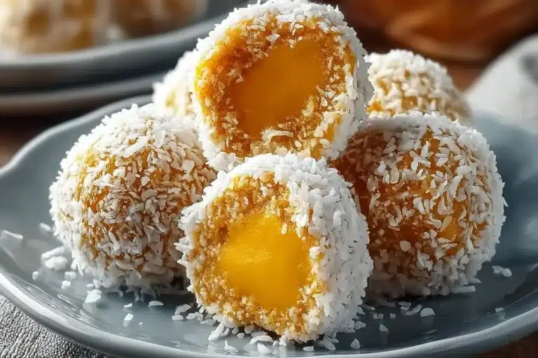 Plate of healthy Coconut Mango Bliss Balls with coconut flakes and mango pieces