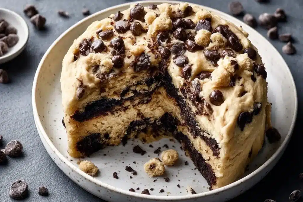 Delicious slice of Cookie Dough Cake topped with cookie dough and chocolate chips.