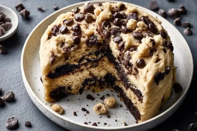 Delicious slice of Cookie Dough Cake topped with cookie dough and chocolate chips.