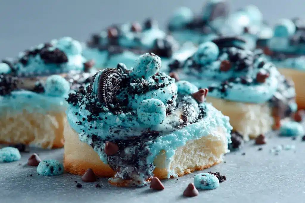 Delicious Cookie Monster Cinnamon Rolls topped with vibrant frosting and fun decorations.
