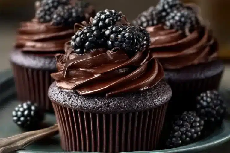 Decadent dark chocolate blackberry cupcakes topped with fresh blackberries