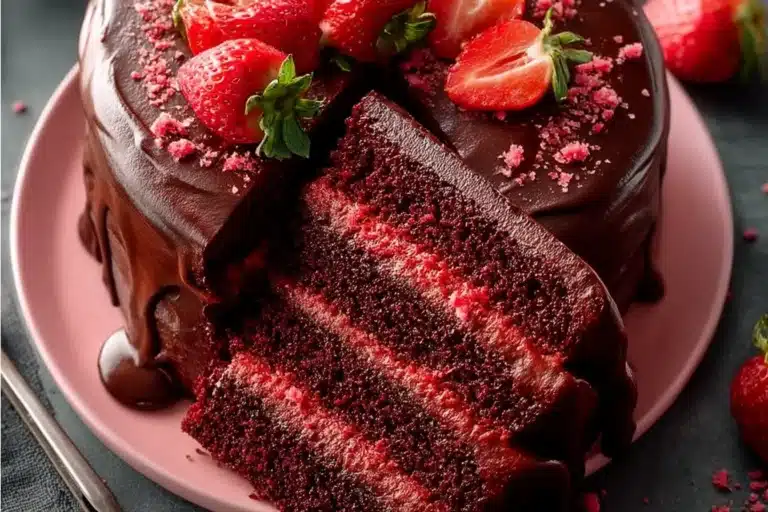 Delicious strawberry cake with chocolate frosting on a white plate