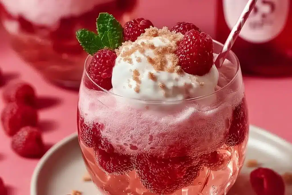 Raspberry Rosé Float topped with fresh raspberries and mint leaves