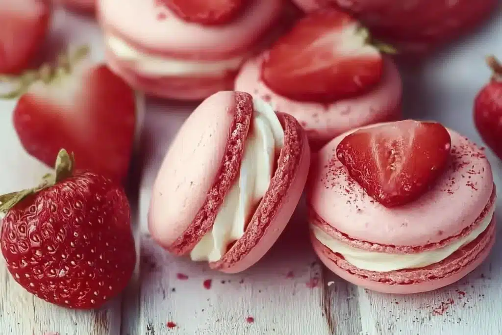 Strawberry macaron shells filled with creamy buttercream on a white plate