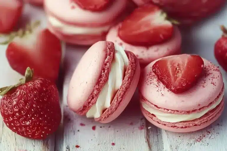 Strawberry macaron shells filled with creamy buttercream on a white plate