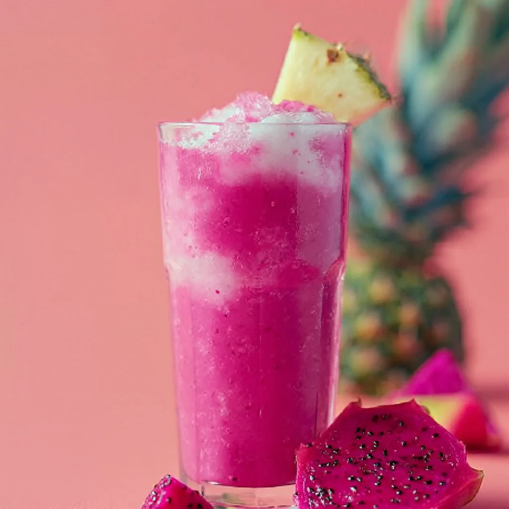 A vibrant Dragon Fruit Colada served in a coconut shell with tropical garnishes.