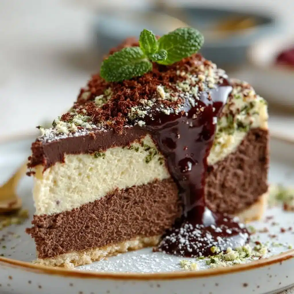 Delicious slice of Dubai Chocolate Cheesecake topped with chocolate shavings