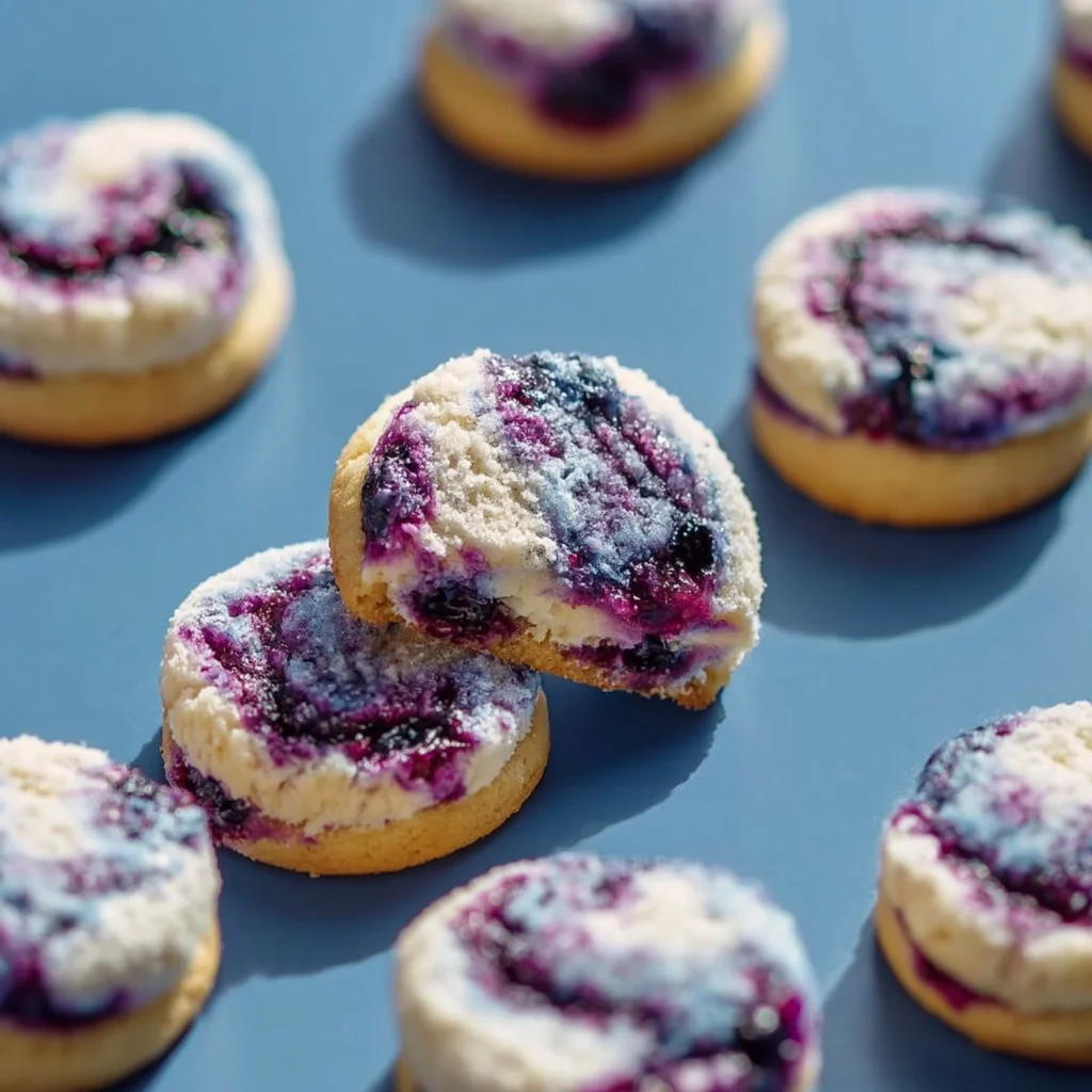 Easy blueberry cheesecake swirl cookie with a creamy filling and blueberry topping.
