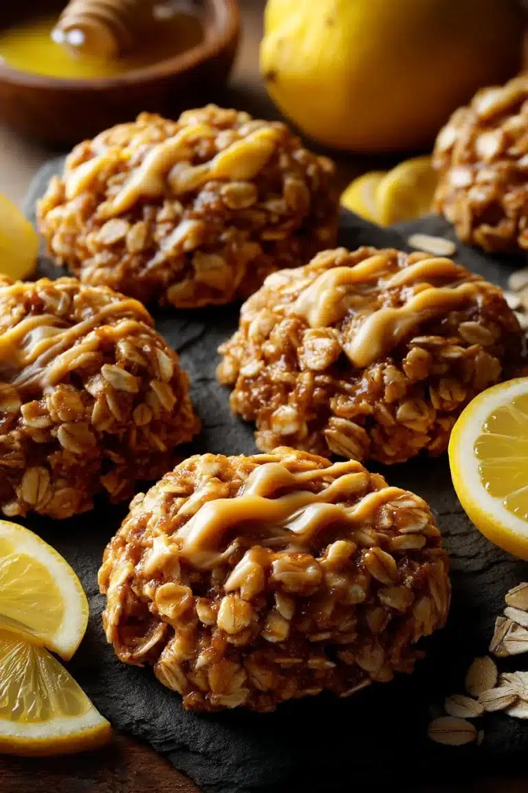 Plate of easy lemon oatmeal no-bake cookies with lemon zest and oats