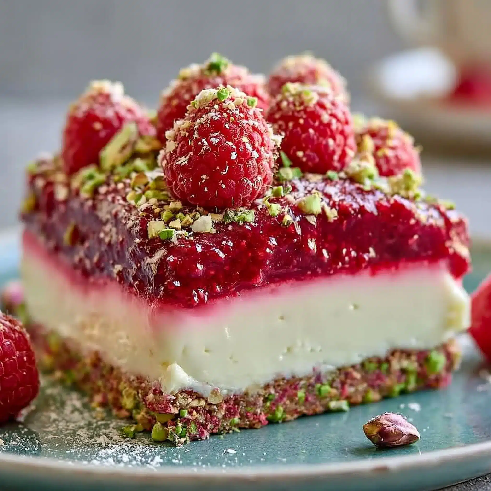 Elegant Pistachio Raspberry Crunch Cheesecake