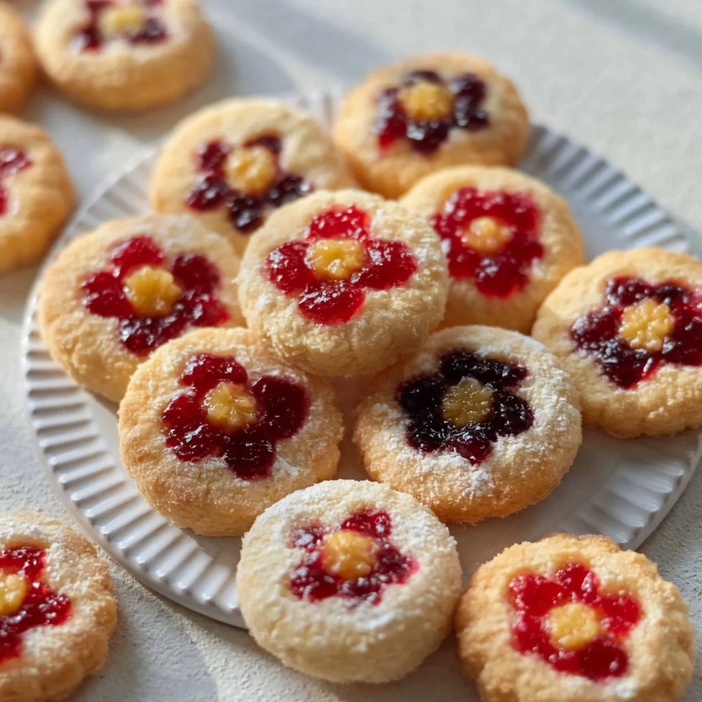 Delicious Flower Jam Thumbprint Cookies decorated with vibrant flower jam filling.