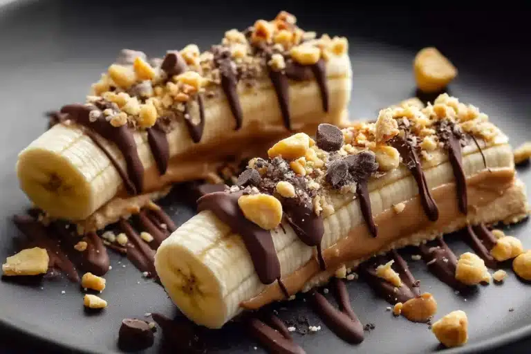 Frozen banana Snickers bites topped with chocolate and peanuts
