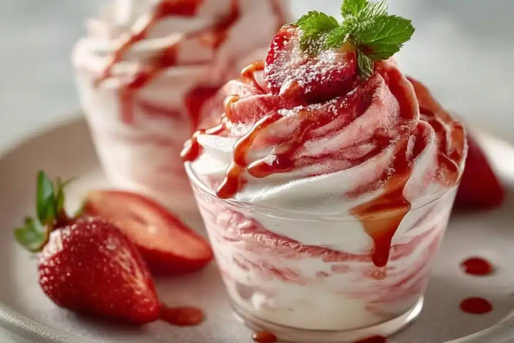 Frozen Strawberry Dole Whip Delight in a bowl with fresh strawberries