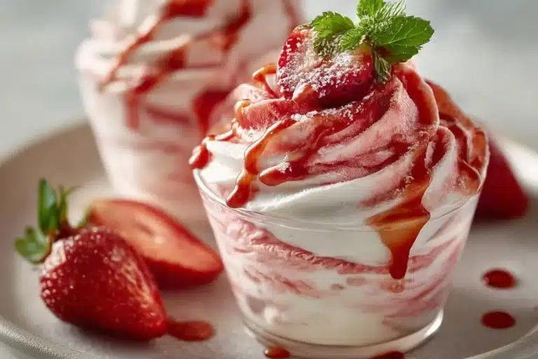 Frozen Strawberry Dole Whip Delight in a bowl with fresh strawberries