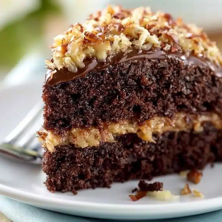 A slice of decadent German Chocolate Cake topped with coconut and pecan frosting.
