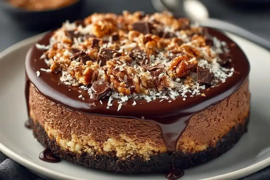 Delicious slice of German Chocolate Cheesecake topped with coconut and pecans