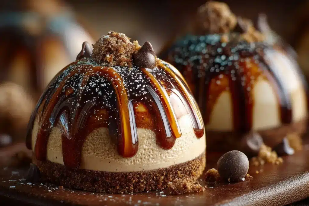 Gingerbread Latte Mousse Domes decorated with festive toppings