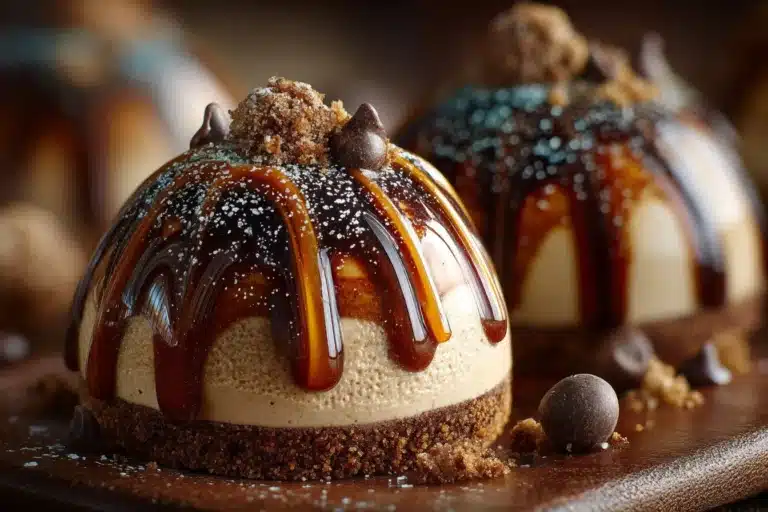 Gingerbread Latte Mousse Domes decorated with festive toppings