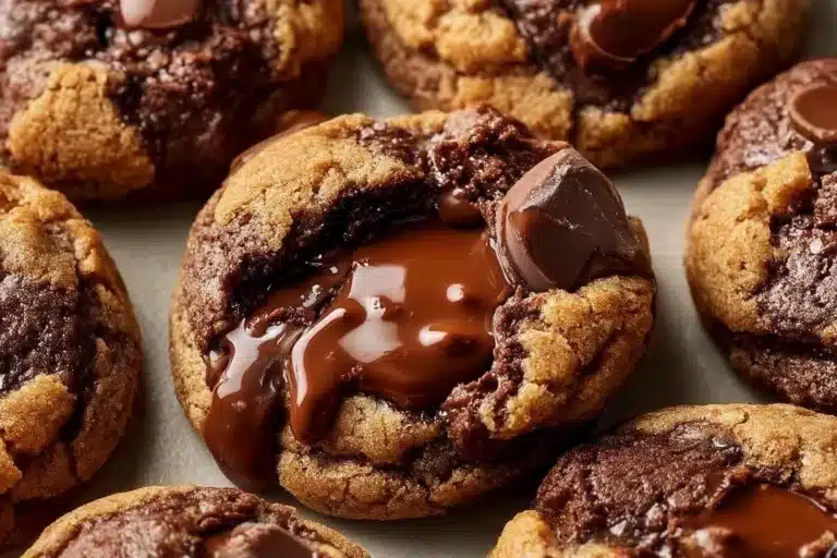 Gooey lava cookies with melted chocolate center on a wooden plate