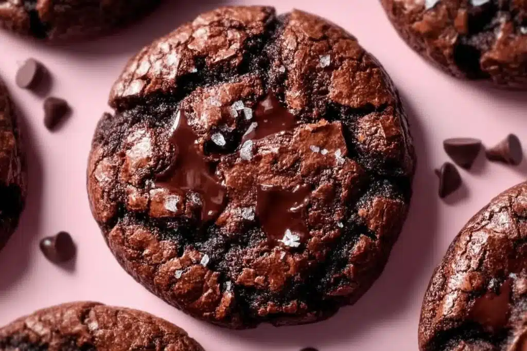 Gourmet brownie cookies topped with chocolate drizzles and nuts.