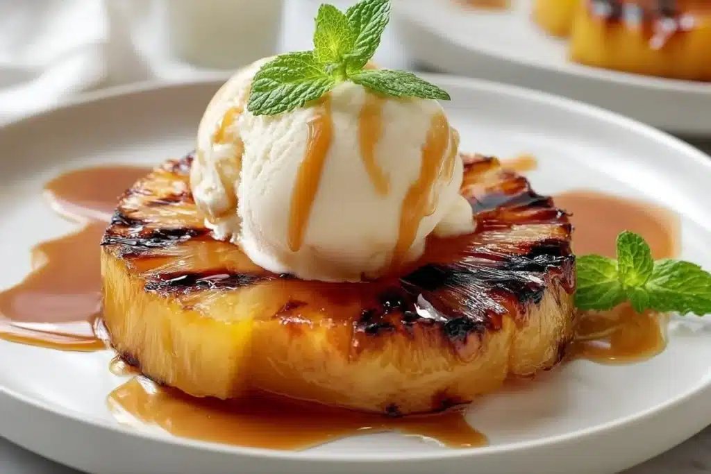 Delicious grilled pineapple slices served with vanilla ice cream
