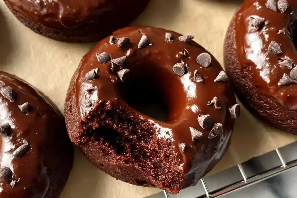 Delicious healthy chocolate protein donuts topped with chocolate glaze.