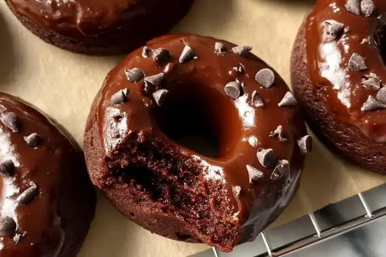 Delicious healthy chocolate protein donuts topped with chocolate glaze.
