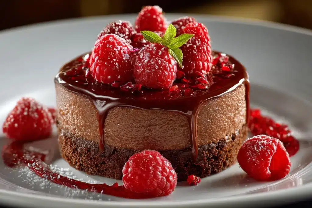 Heavenly Raspberry Chocolate Mousse Cake topped with fresh raspberries