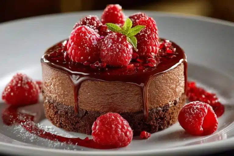 Heavenly Raspberry Chocolate Mousse Cake topped with fresh raspberries