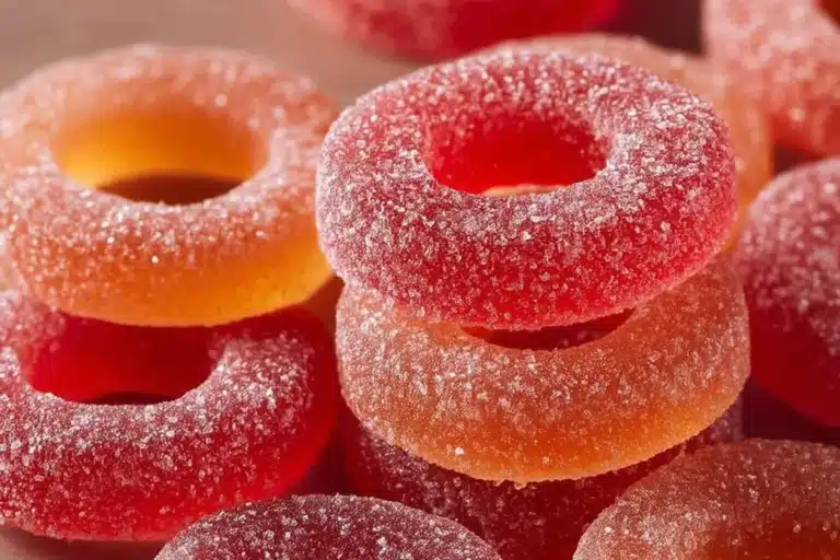 Homemade chewy and tangy gummy peach rings on a decorative plate