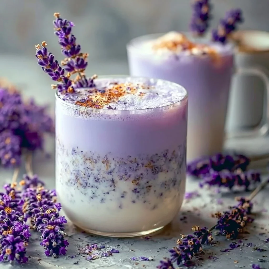 A glass of homemade lavender milk tea topped with lavender flowers