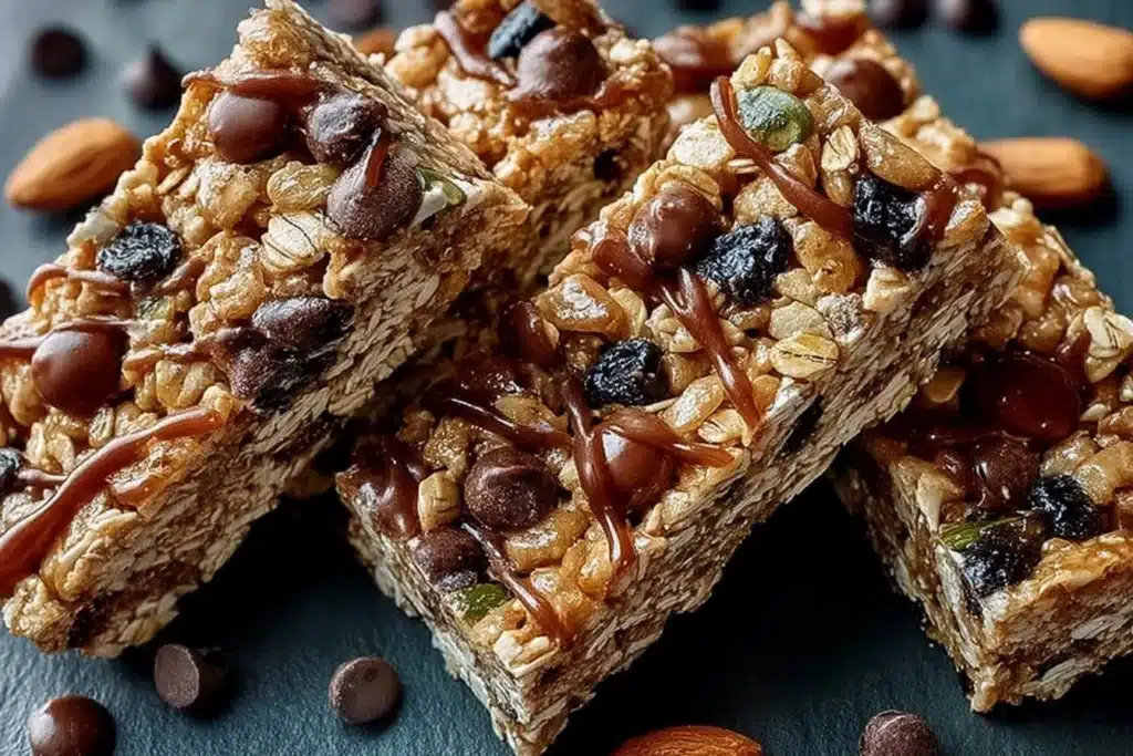Homemade no-bake granola bars with nuts and dried fruits