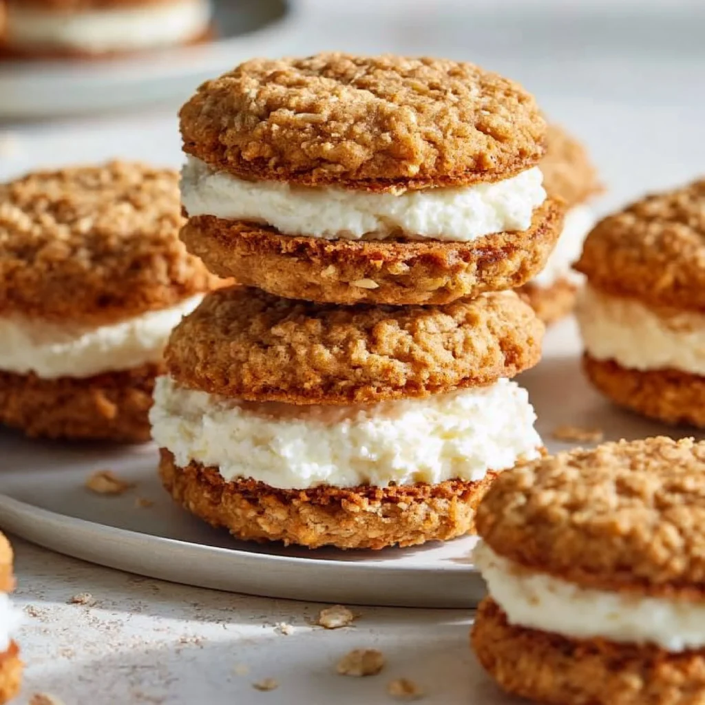 Delicious homemade oatmeal cream pies with creamy filling between soft cookies