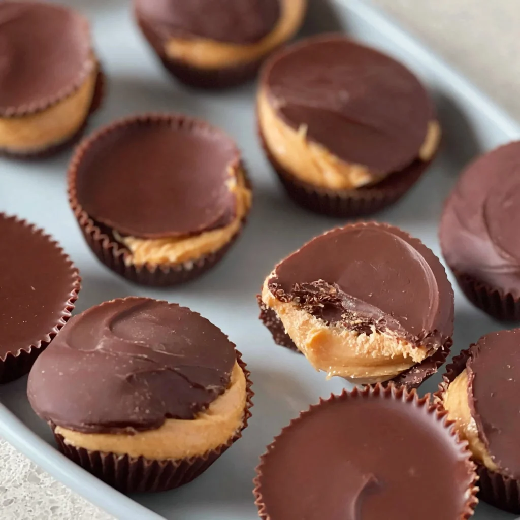 Homemade peanut butter cups on a white plate with chocolate and creamy filling