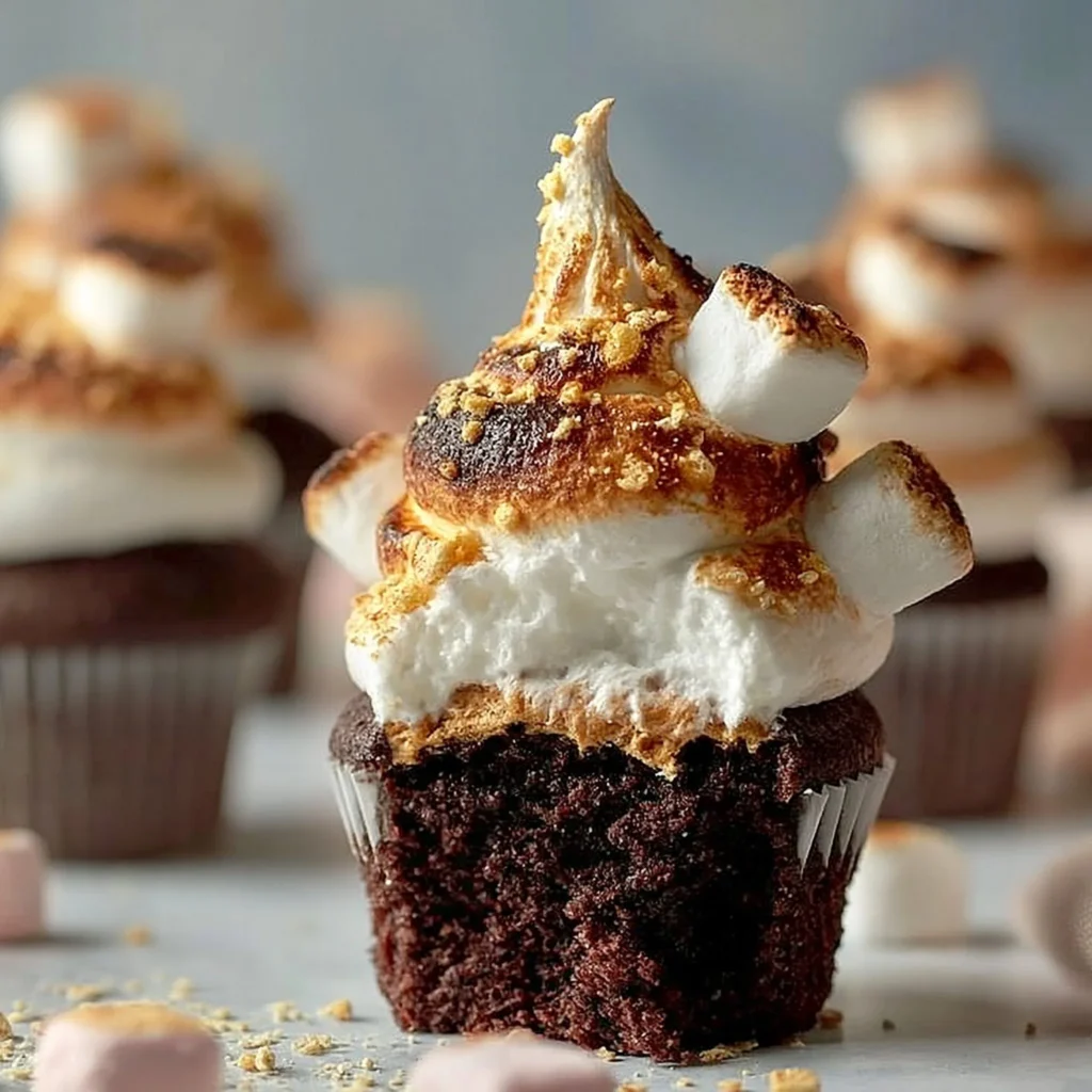 Delicious homemade S'mores cupcakes with chocolate and marshmallow frosting