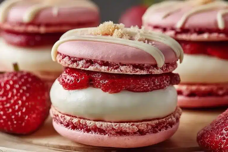 Delicious homemade strawberry cheesecake macarons on a white plate