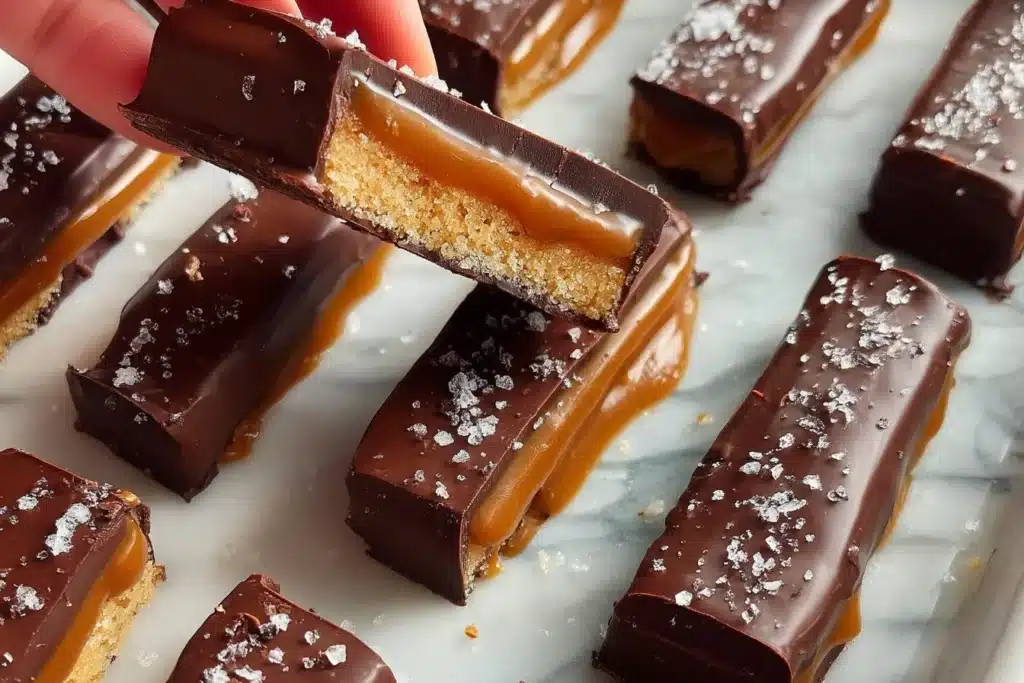 Delicious homemade Twix Bars with cookie, caramel, and chocolate layers.