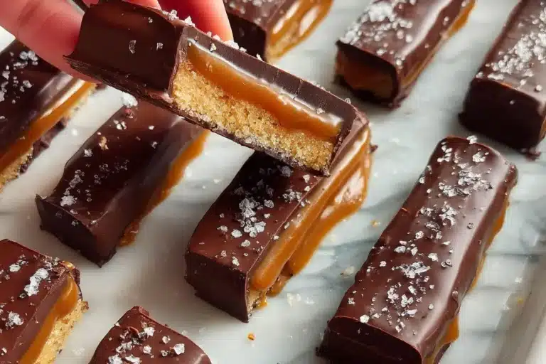 Delicious homemade Twix Bars with cookie, caramel, and chocolate layers.