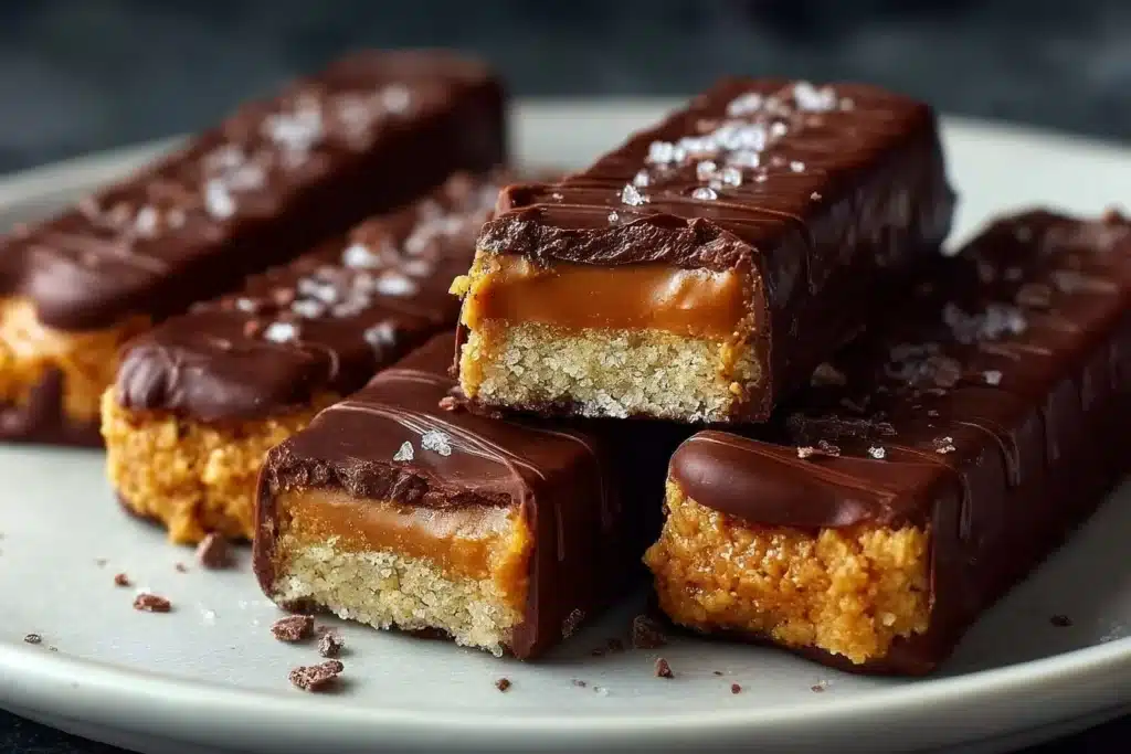 Delicious homemade Twix-style bars made with caramel, chocolate, and a crunchy base