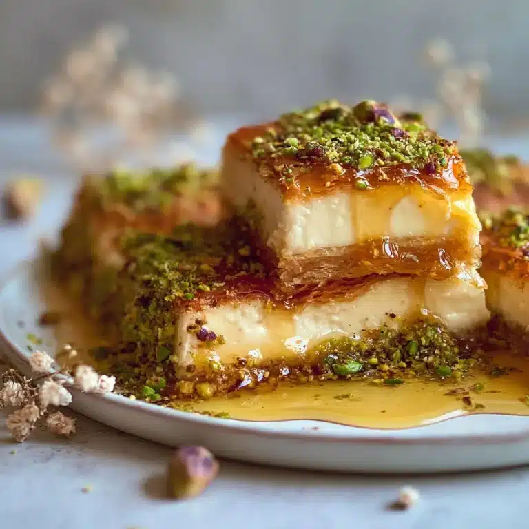 Honey Pistachio Baklava Cheesecake topped with nuts and honey glaze