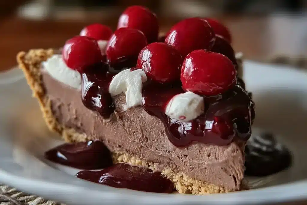 No-bake chocolate cherry cream pie with whipped cream and fresh cherries