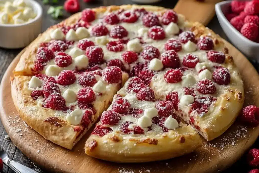 Indulgent raspberry cheesecake dessert pizza topped with fresh raspberries