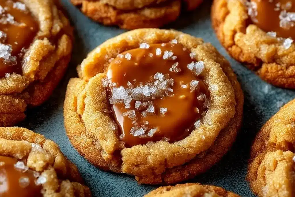 Freshly baked salted caramel cookies topped with sea salt flakes