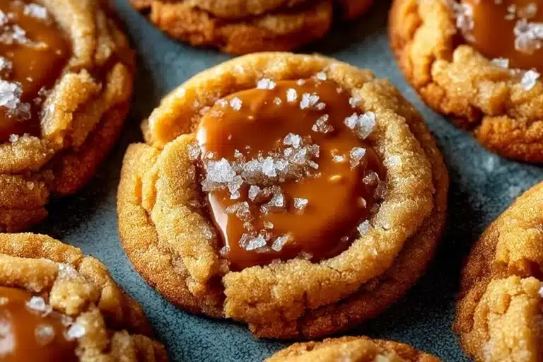 Freshly baked salted caramel cookies topped with sea salt flakes