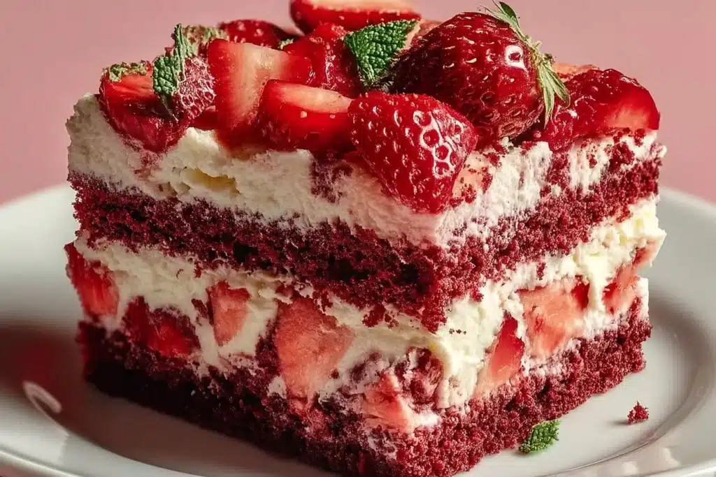Slice of strawberry velvet cake with fresh strawberries on top